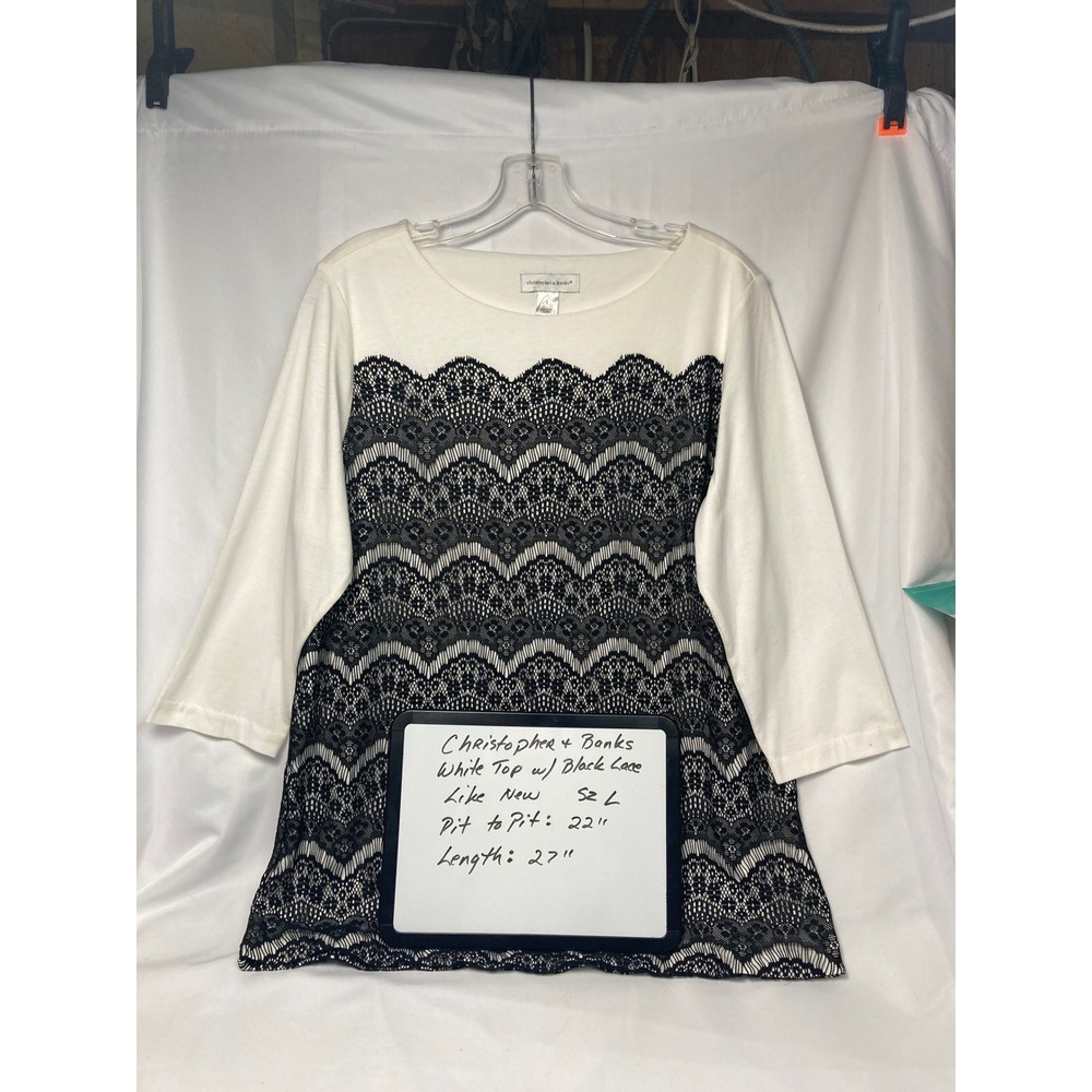 Christopher & Banks White 3/4 Sleeve Top Black‎ Lace Yoke Womens Size Large - Picture 4 of 7